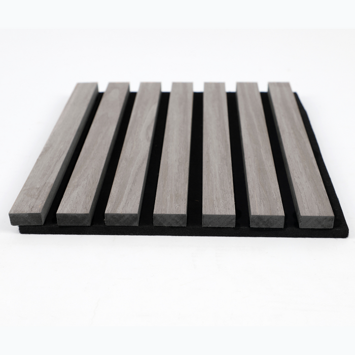 Gray and black acoustic wood slat wall panel with smooth texture