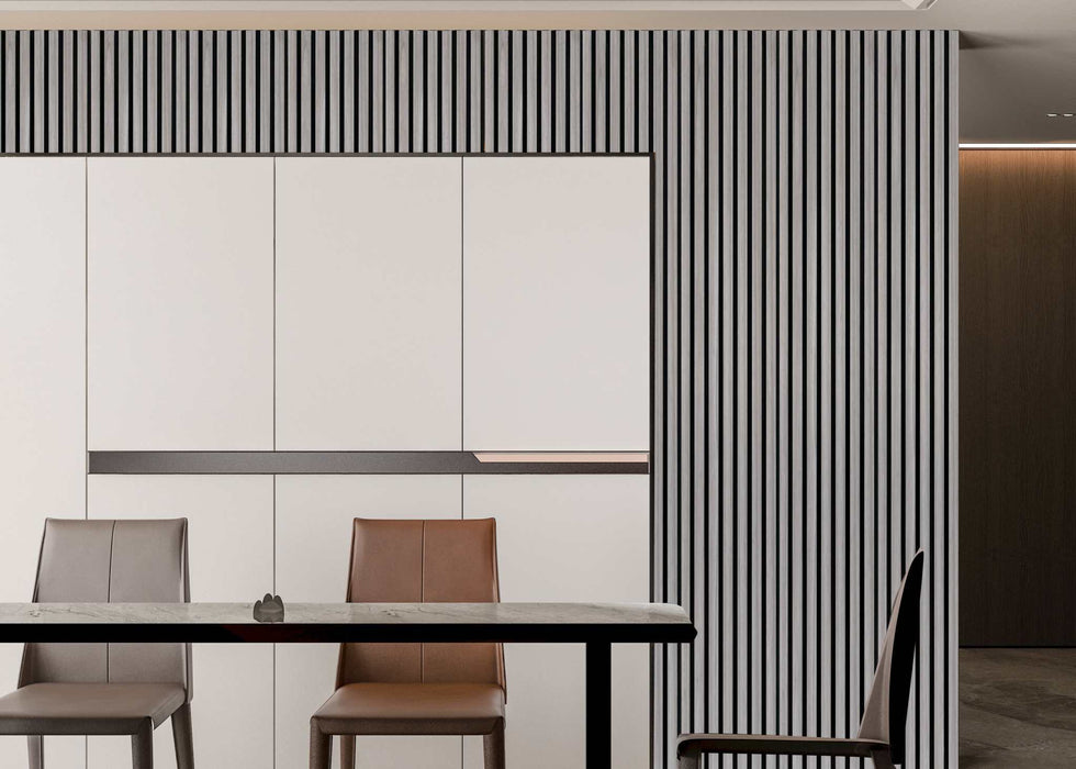 Gray and black acoustic wood slat wall panel