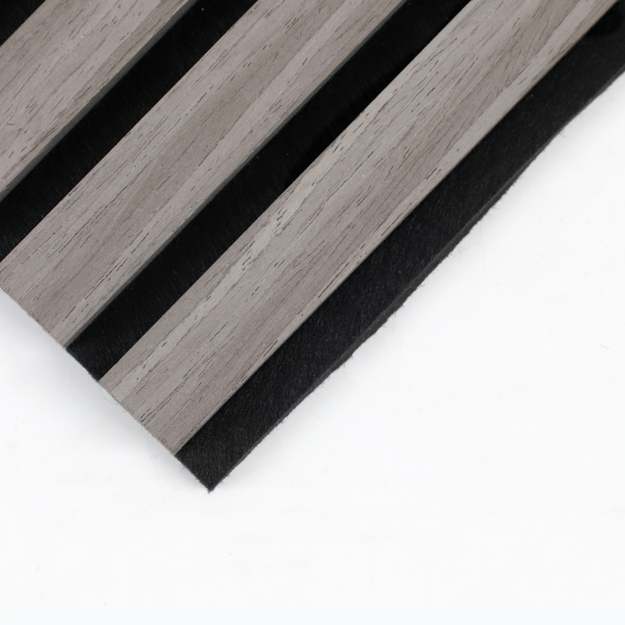 Gray and black acoustic wood slat wall panel with horizontal slats