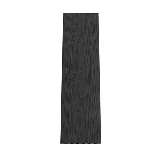 Dark gray co-extruded composite deck board with wood grain texture