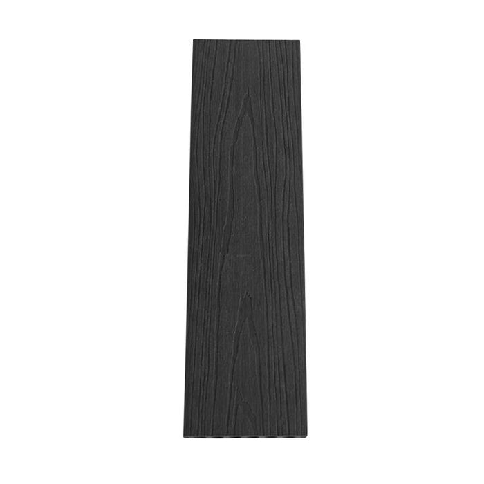 Dark gray co-extruded composite deck board with wood grain texture