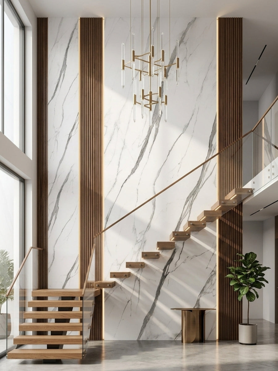 Elegant White Matte Marble wall panels for stairway walls