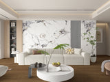 Modern living room with Glacier Vein marble-look PVC wall panels behind a curved white sofa