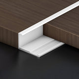 White Z-shaped aluminum wall panel trim sample installed between wood-look panels
