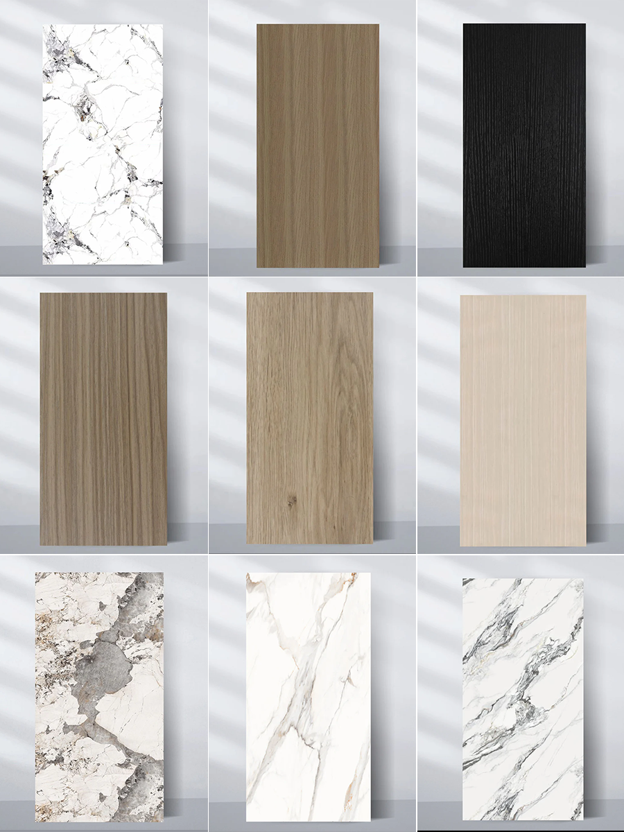 Selection of nine wood veneer wall panel samples in wood-grain, black, and marble-look finishes