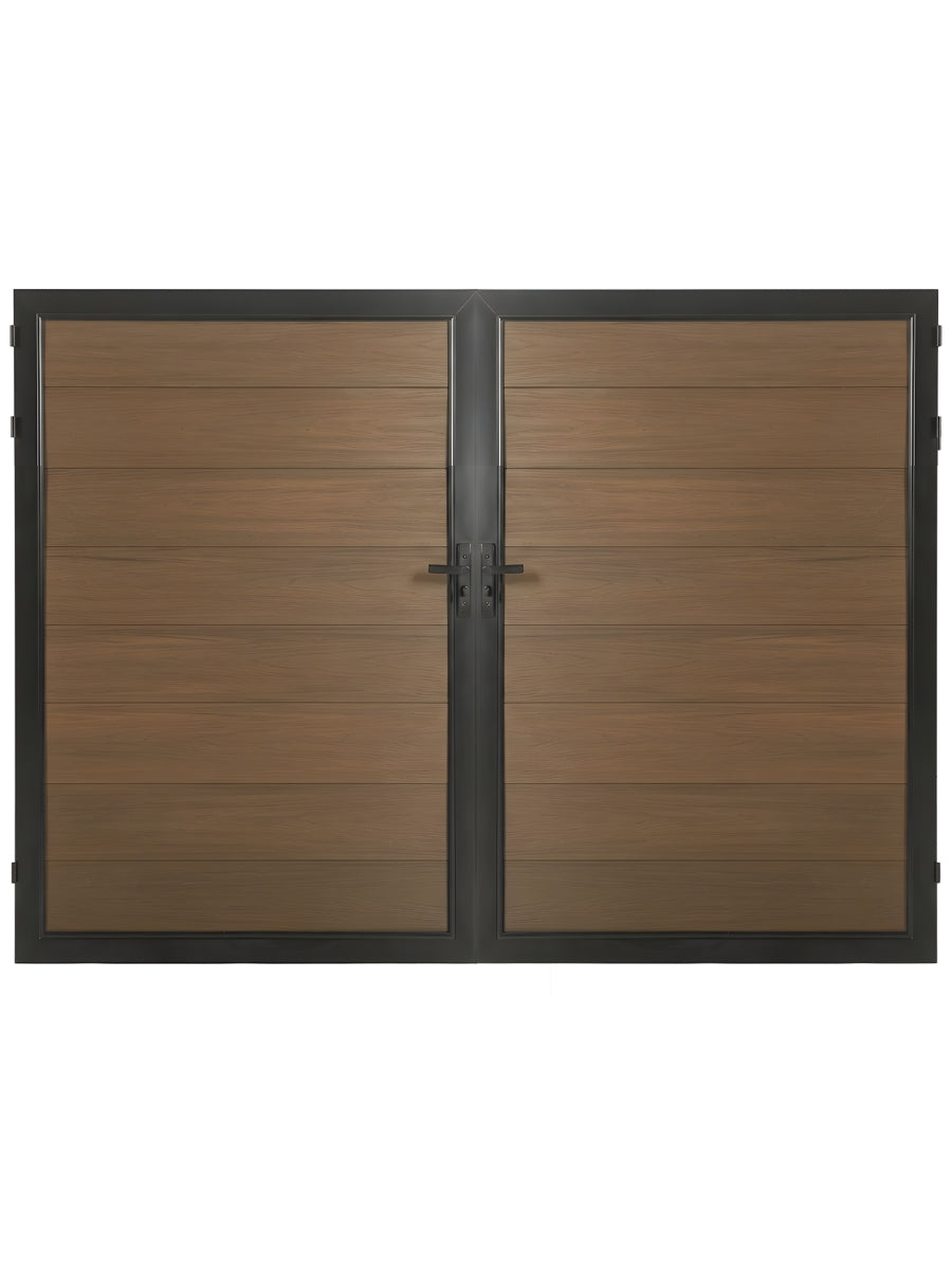 Brown wood-look WPC Fence Gate Double with horizontal slats, black frame and center handles