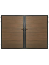 Brown wood-look WPC Fence Gate Double with horizontal slats, black frame and center handles