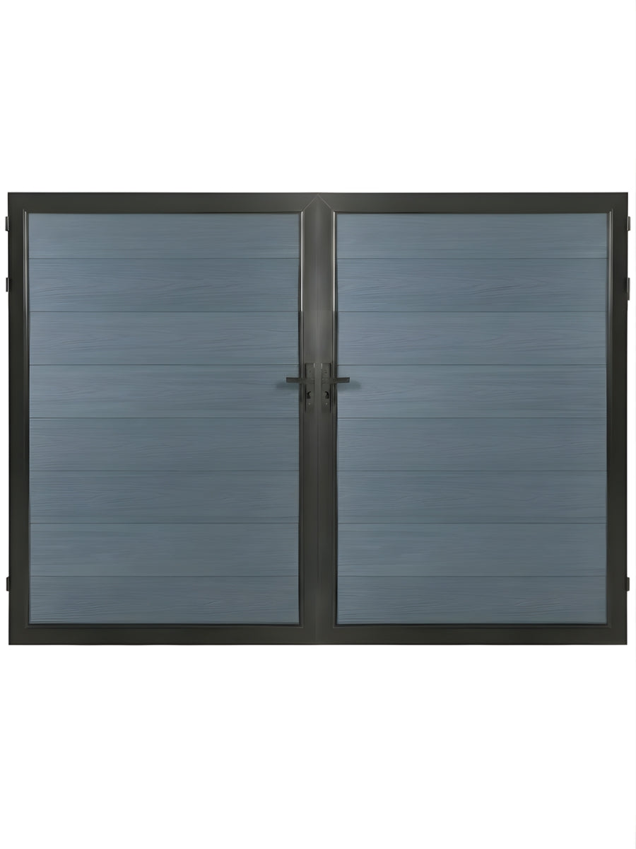 Light gray WPC Fence Gate Double with horizontal panels, black frame and center handles