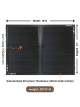 Black WPC Fence Gate Double 10 ft x 6 ft dimension diagram with 42 mm thickness and 207 lb weight