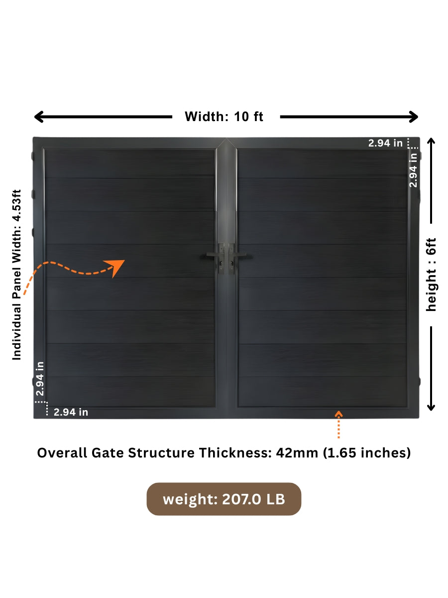 Black WPC Fence Gate Double 10 ft x 6 ft dimension diagram with 42 mm thickness and 207 lb weight