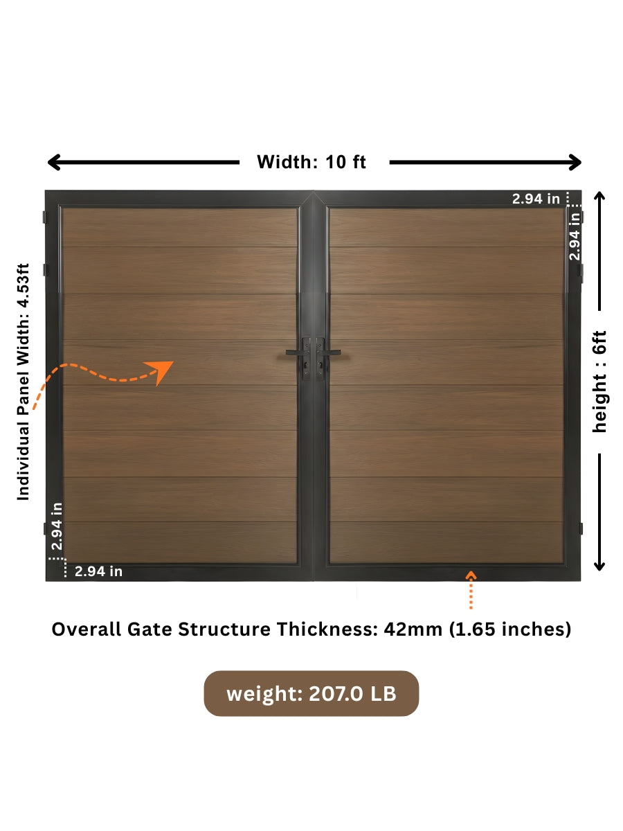 Brown WPC Fence Gate Double 10 ft x 6 ft dimension diagram with 42 mm thickness and 207 lb weight