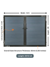 Light gray WPC Fence Gate Double 10 ft x 6 ft dimension diagram with 42 mm thickness and 207 lb weight