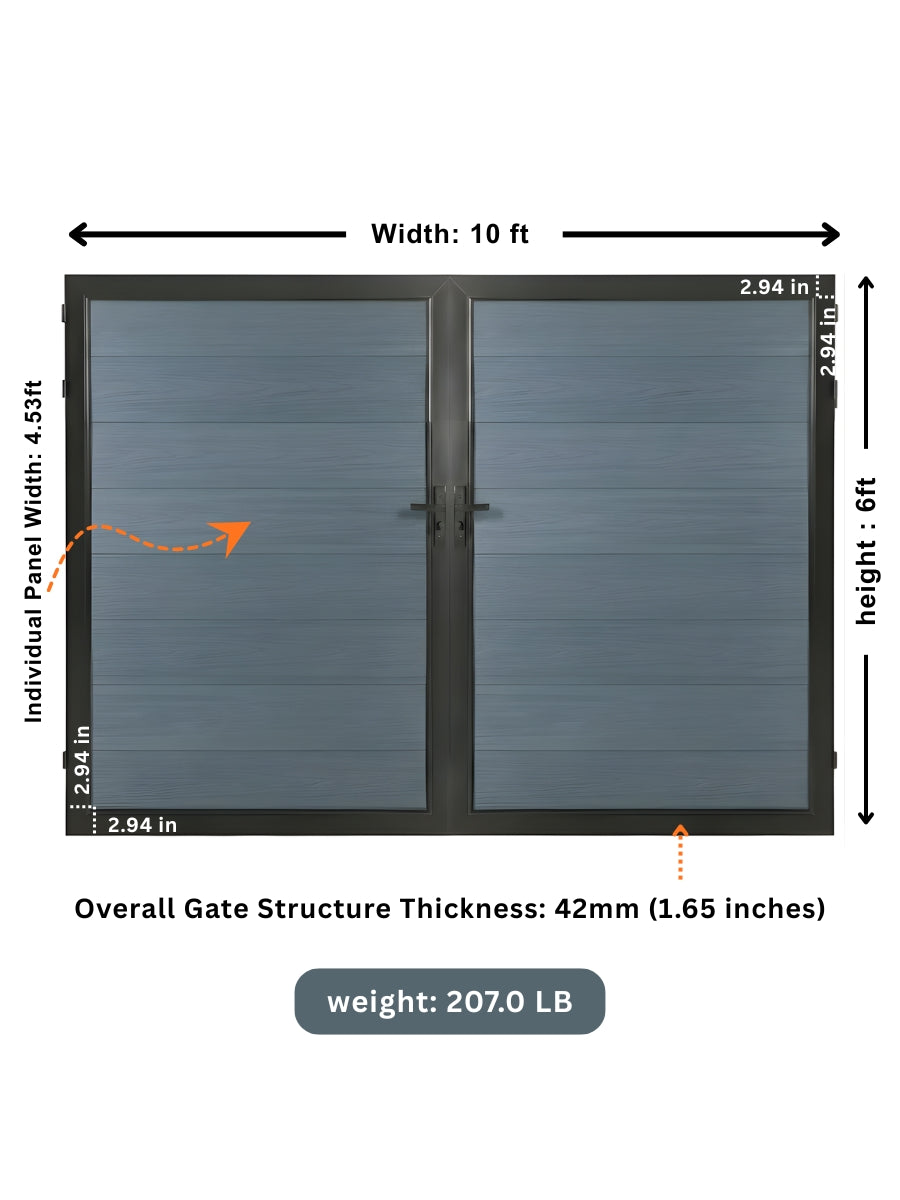Light gray WPC Fence Gate Double 10 ft x 6 ft dimension diagram with 42 mm thickness and 207 lb weight
