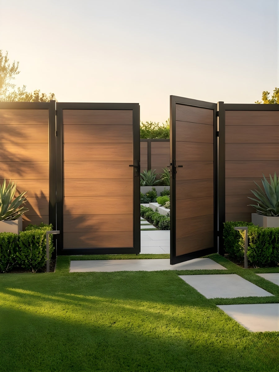 Brown wood-look WPC double fence gate partially open in a landscaped garden