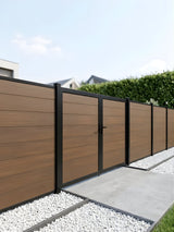 Brown WPC double fence gate installed within matching horizontal privacy fencing