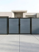 Closed light gray WPC double fence gate installed with matching horizontal fence panels