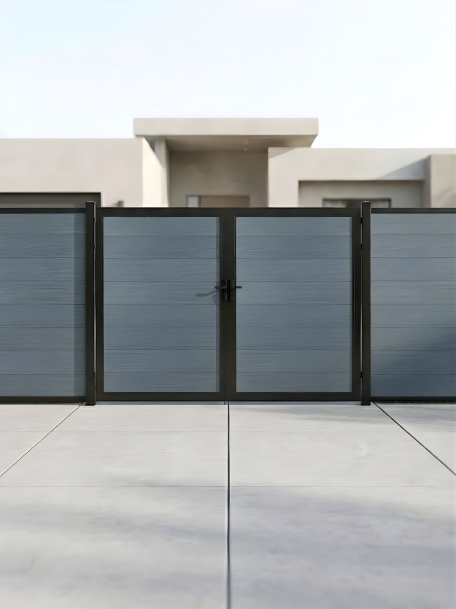 Closed light gray WPC double fence gate installed with matching horizontal fence panels