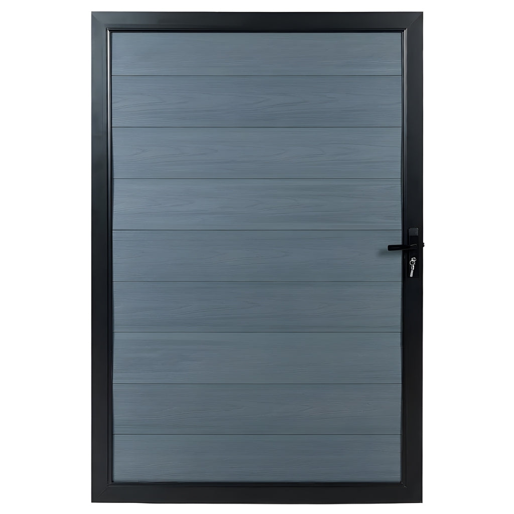 Front view of gray wood-grain WPC fence single gate with black frame and keyed handle