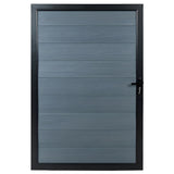Front view of gray wood-grain WPC fence single gate with black frame and keyed handle