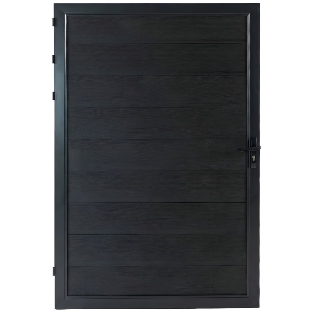 Front view of black wood-grain WPC fence single gate with matching frame and keyed handle