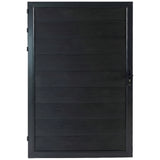 Front view of black wood-grain WPC fence single gate with matching frame and keyed handle