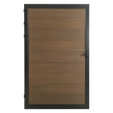 Front view of brown wood-grain WPC fence single gate with black frame, hinges and locking handle