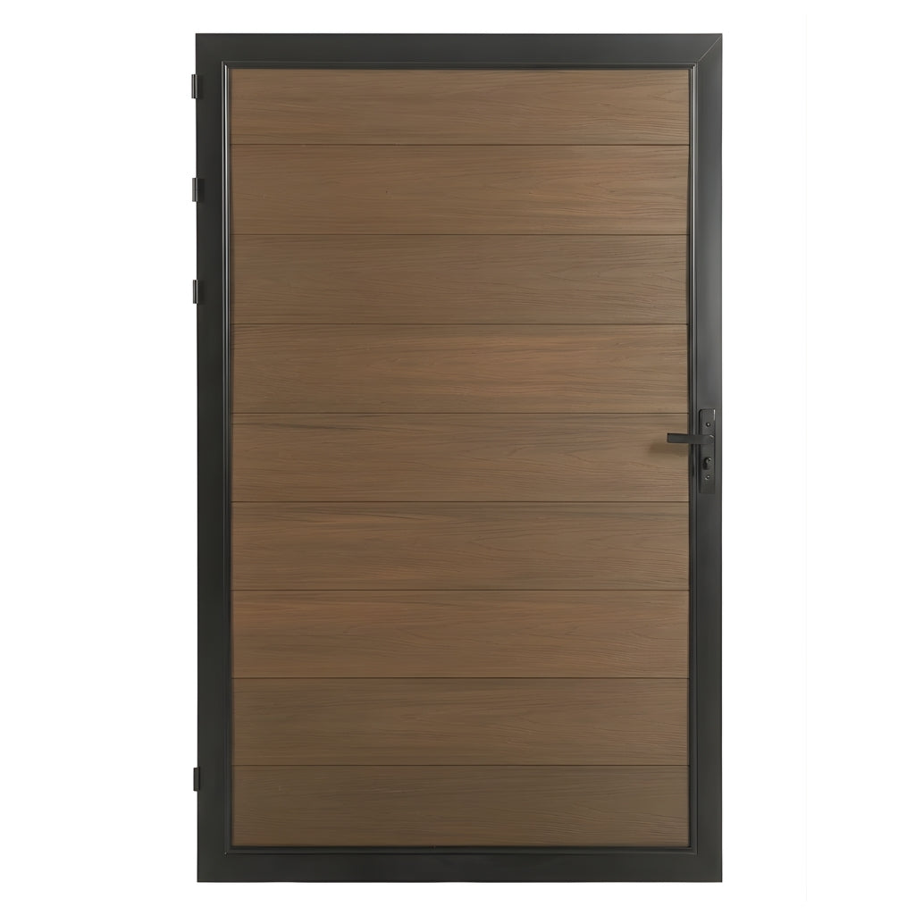 Front view of brown wood-grain WPC fence single gate with black frame, hinges and locking handle