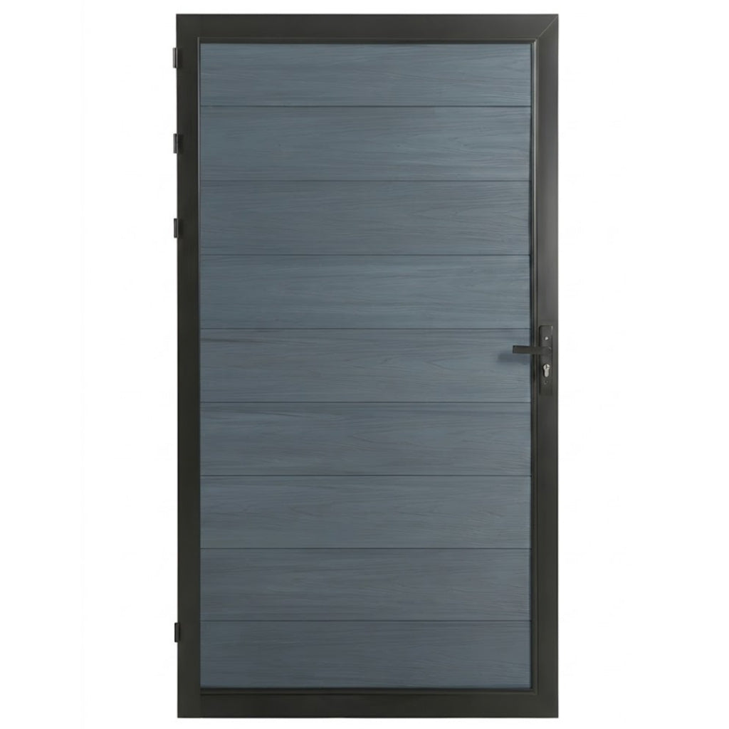 Front view of 3ft x 6ft light gray WPC fence gate with black frame