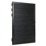Angled view of black wood-grain WPC fence single gate with hinges and keyed latch