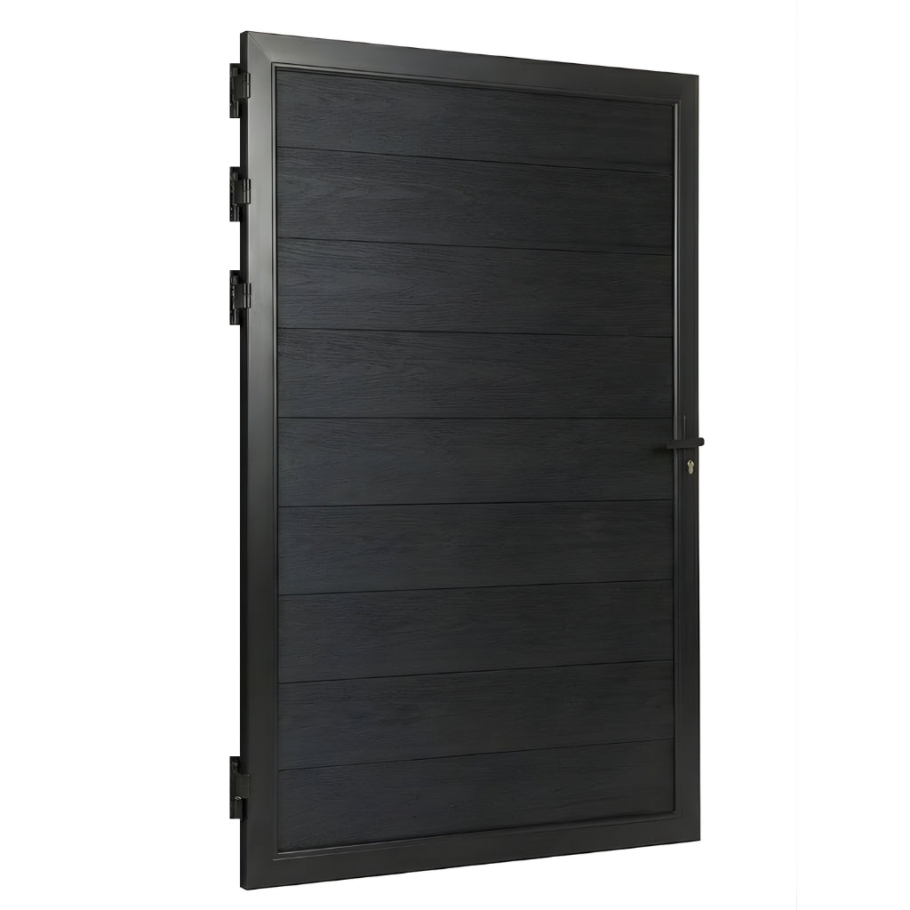 Angled view of black wood-grain WPC fence single gate with hinges and keyed latch