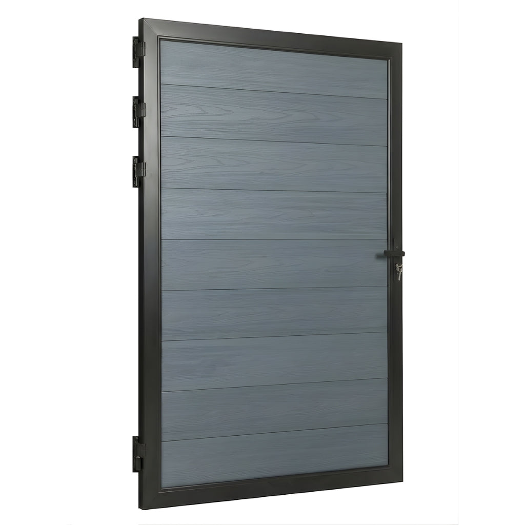Angled view of gray wood-grain WPC fence single gate in a black frame