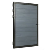 Angled view of gray wood-grain WPC fence single gate in a black frame