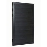 Angled view of black WPC fence gate with horizontal panels, hinges and handle