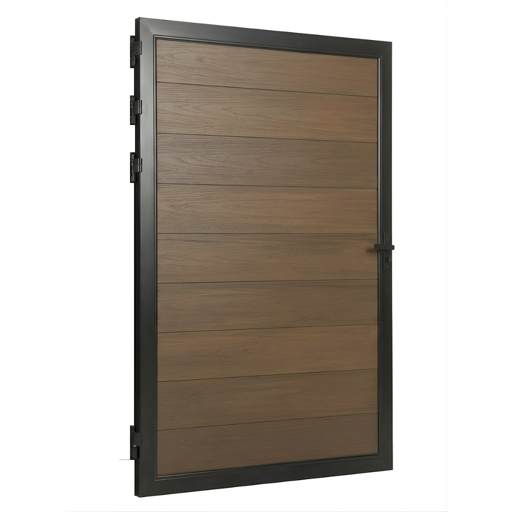 Angled view of brown wood-grain WPC fence single gate in a black frame