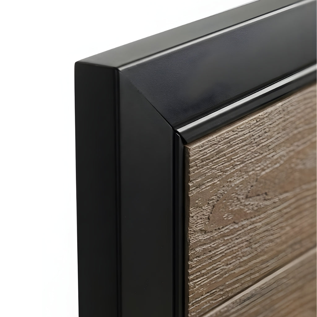 Close-up of the black frame corner and textured brown wood-grain WPC gate panel