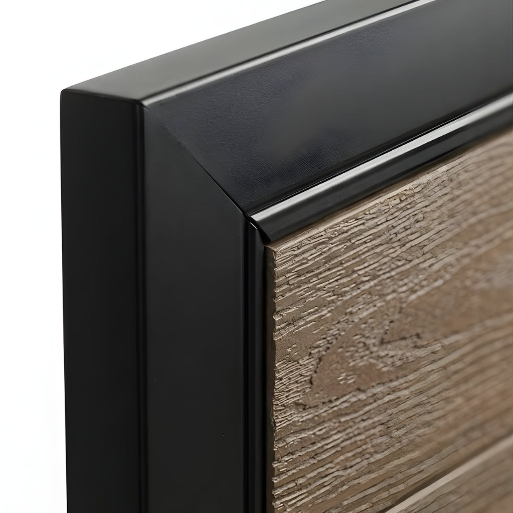 Close-up of black frame corner and wood-grain brown panel on WPC fence gate