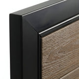 Close-up of black frame corner and wood-grain brown panel on WPC fence gate