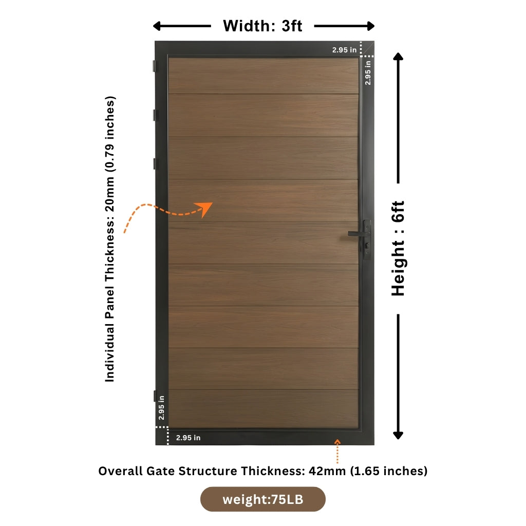 WPC fence gate dimension diagram showing 3ft width, 6ft height and panel thickness measurements