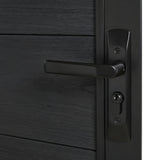 Close-up of black lever handle and keyed lock on black WPC fence gate