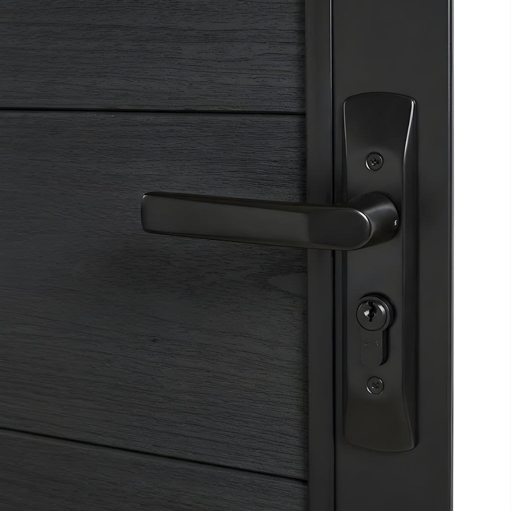 Close-up of the black lever handle and keyed lock on the black WPC fence gate