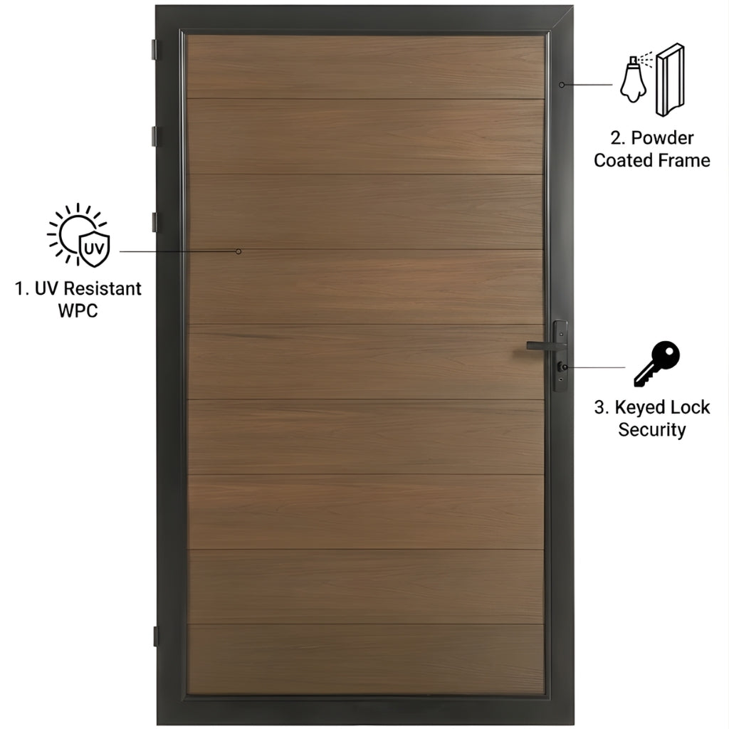 Brown WPC fence single gate highlighting UV-resistant panels, powder-coated frame and keyed lock