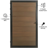 Brown WPC fence single gate highlighting UV-resistant panels, powder-coated frame and keyed lock