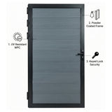 Light gray WPC fence gate with labeled UV-resistant panels, powder-coated frame and keyed lock