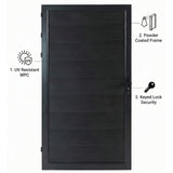 Black WPC fence gate with labeled UV-resistant panels, powder-coated frame and keyed lock