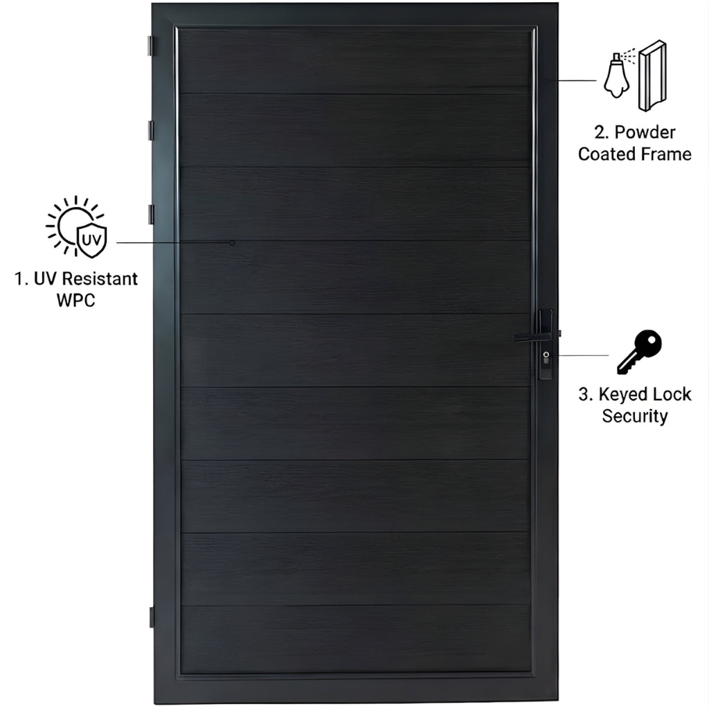 Black WPC fence single gate highlighting UV-resistant panels, powder-coated frame and keyed lock