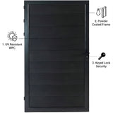 Black WPC fence single gate highlighting UV-resistant panels, powder-coated frame and keyed lock