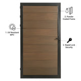Brown WPC fence gate with labeled UV-resistant panels, powder-coated frame and keyed lock