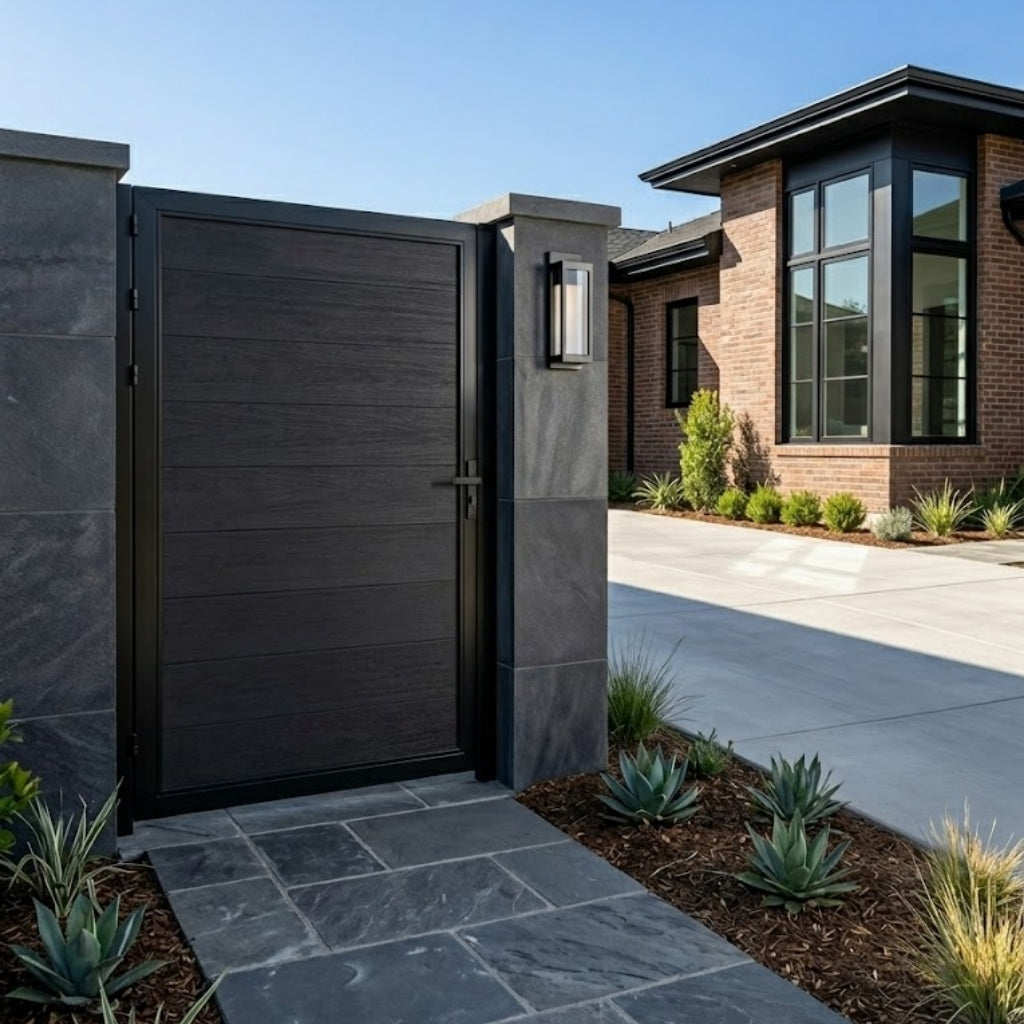 Black WPC fence single gate installed between stone pillars beside a modern driveway