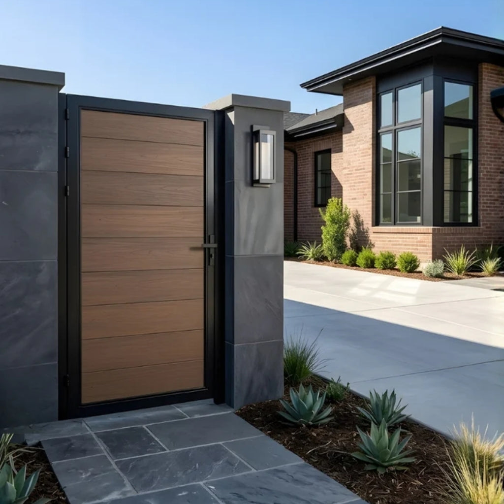 Brown WPC fence gate installed between masonry pillars at a modern home entrance