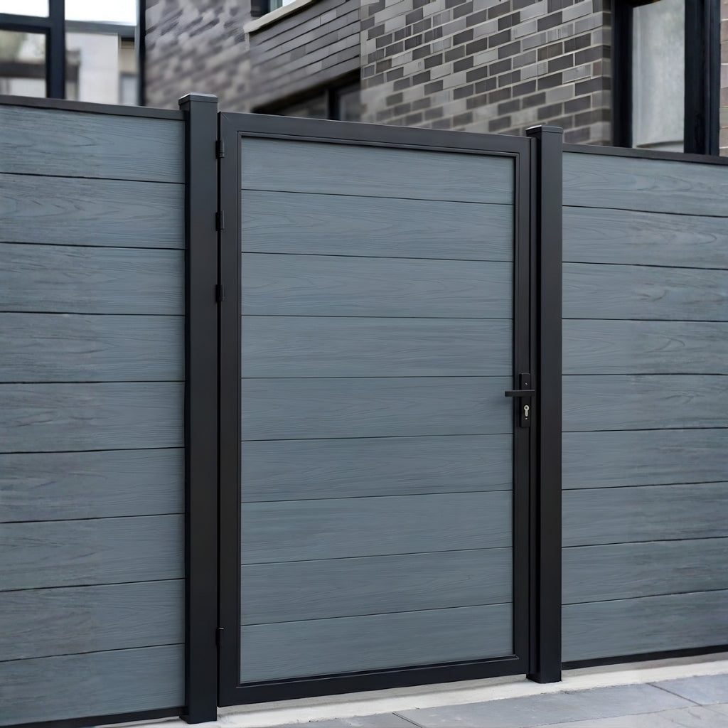 Gray WPC fence single gate installed in a matching horizontal privacy fence